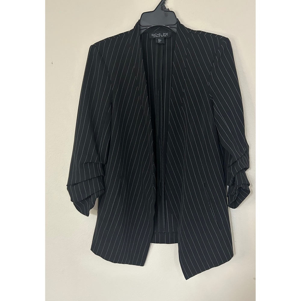 Rachel Zoe Pinstripe Open Front Blazer Ruched 3/4 Sleeve Black White Small